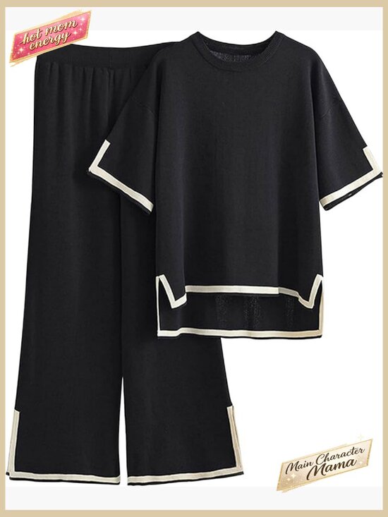 Pants - Knit Lounge Set Short Sleeve Pullover Elastic Waist Wide Leg Pants Y2K